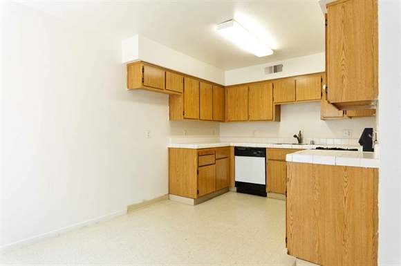 a kitchen with wooden cabinets and a stove and a sink
