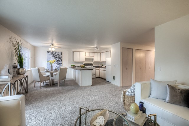 Living Room With Kitchen at Fieldstone Apartments, Fairview, OR