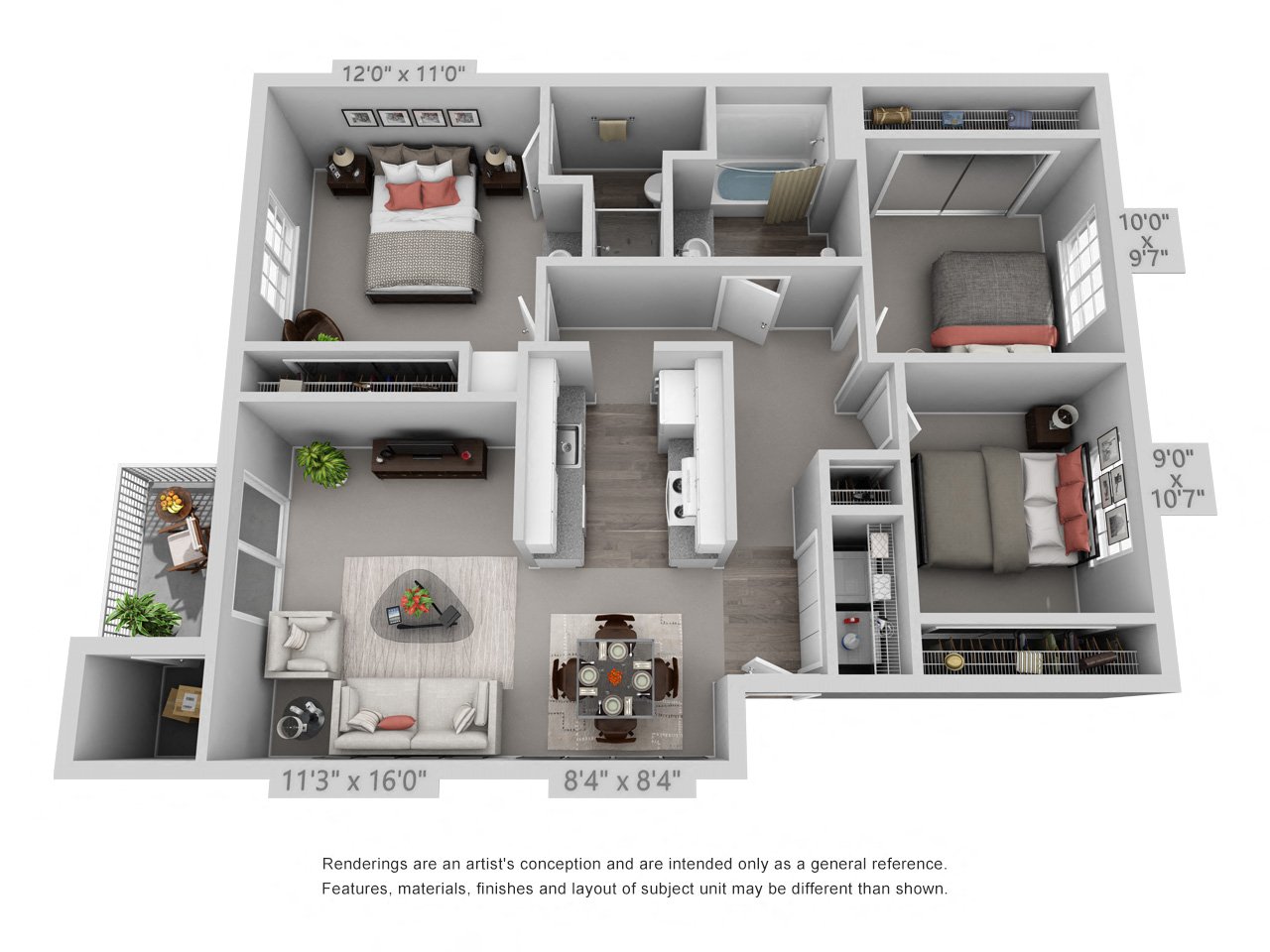 3 Bedroom 2 Bath Floor Plan at Fieldstone Apartments, Oregon, 97024