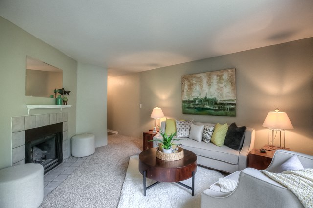 Living Room With Fireplace at Waverly Gardens Apartments, Portland, OR, 97233