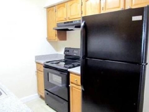 a kitchen with a black refrigerator and stove