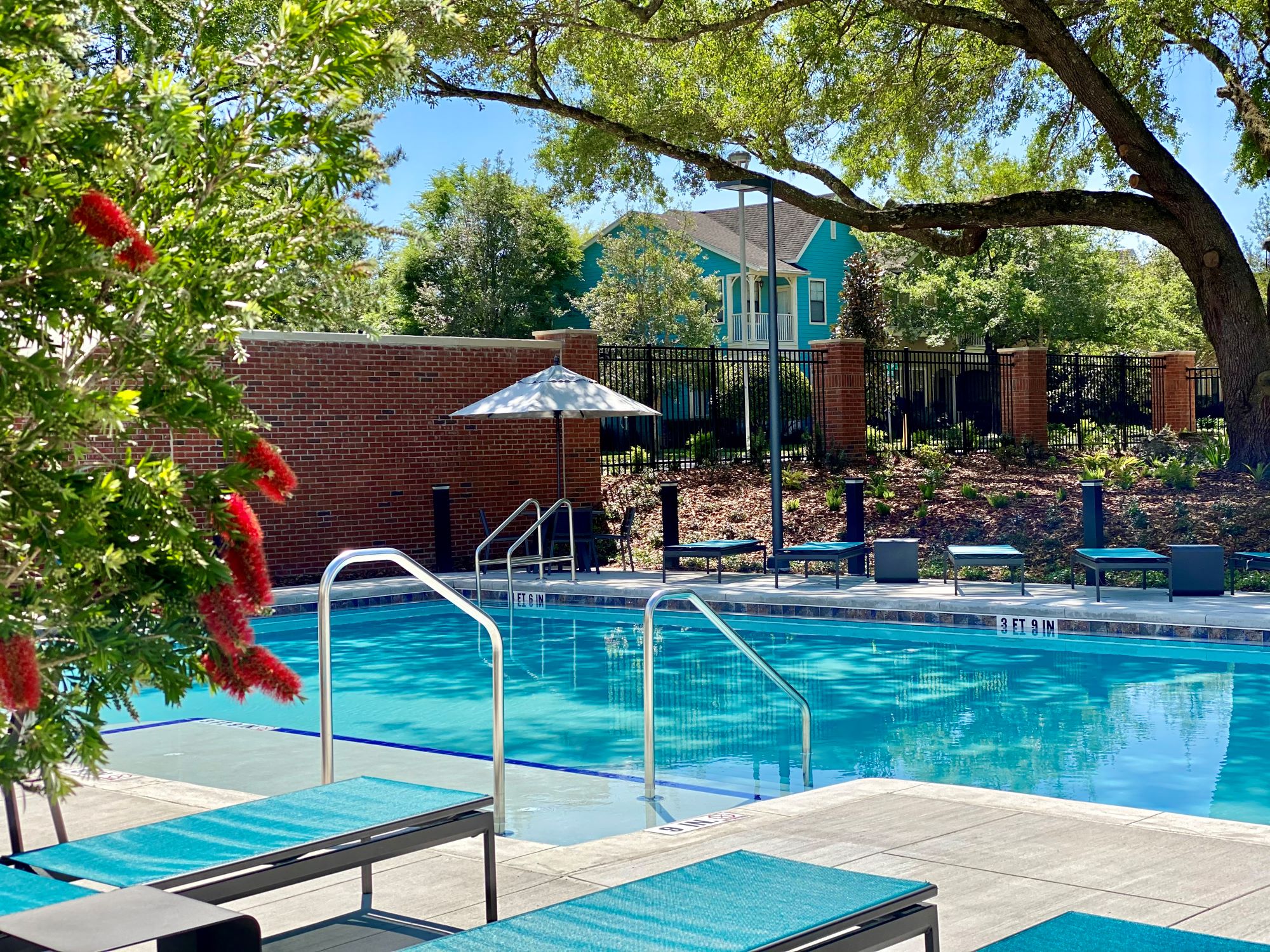A beautiful gated swimming pool surrounded by lounge chairs, an umbrella, a large tree, and well-maintained landscaping.