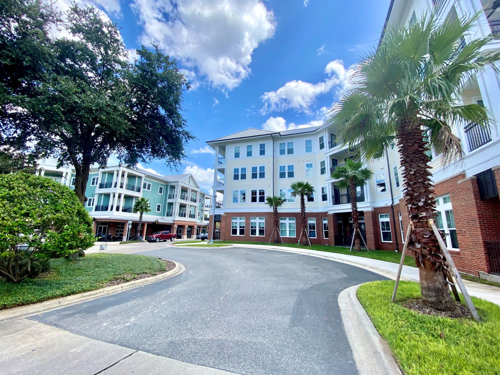 A palm-tree lined street leading to the Flats at Tioga Town Center's 4-story apartment buildings with well-maintained grounds, grass, and bushes.