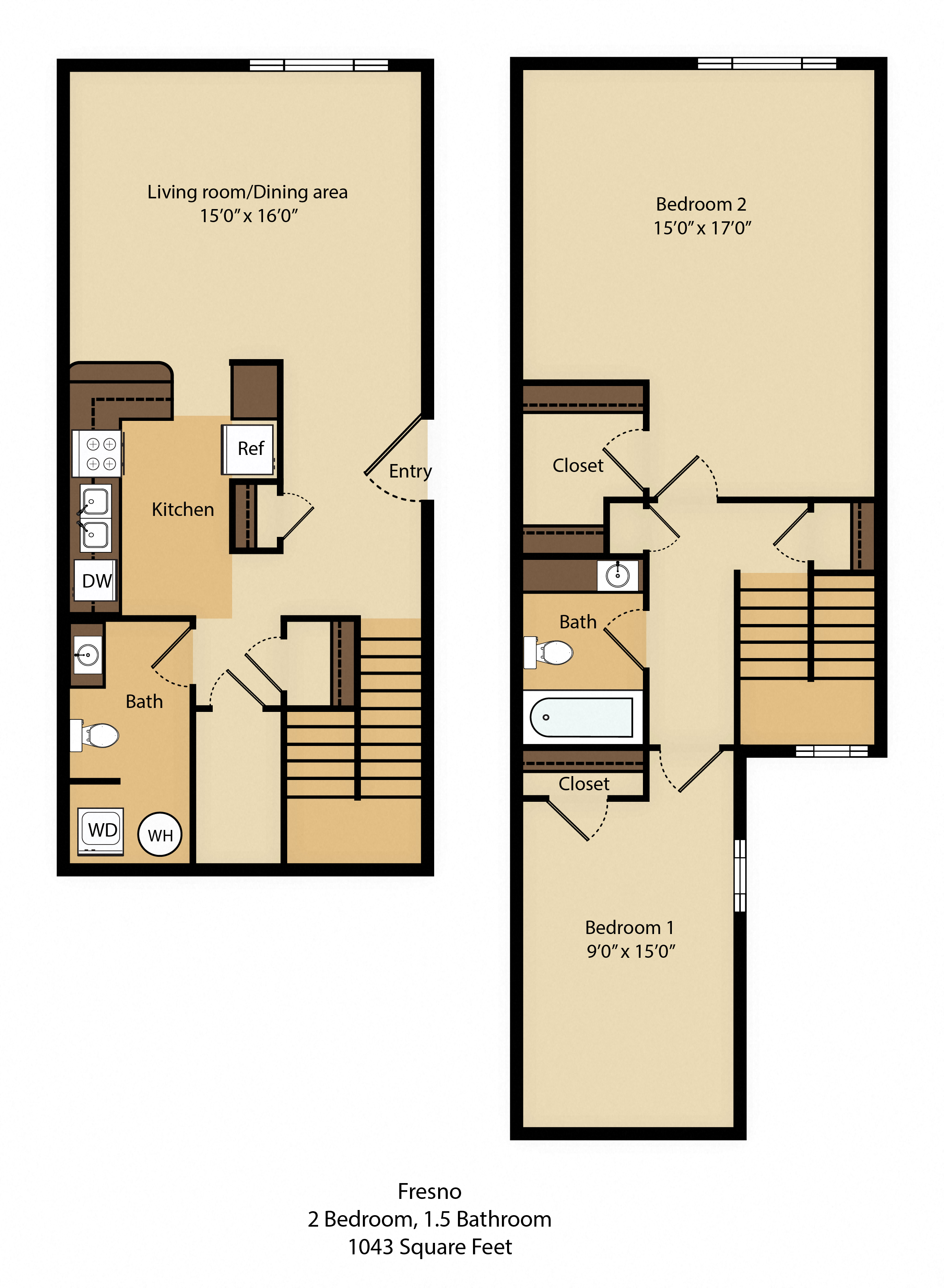 2 Bed 1.5 Bath