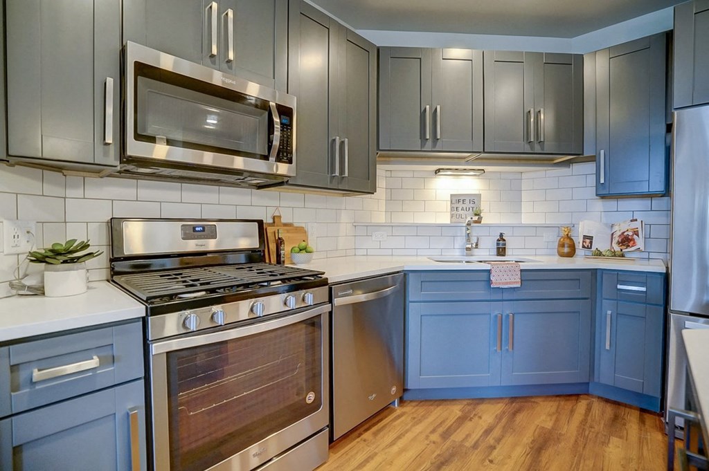 a kitchen with blue cabinets and stainless steel appliances