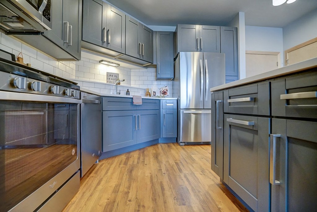 a kitchen with blue cabinets and stainless steel appliances