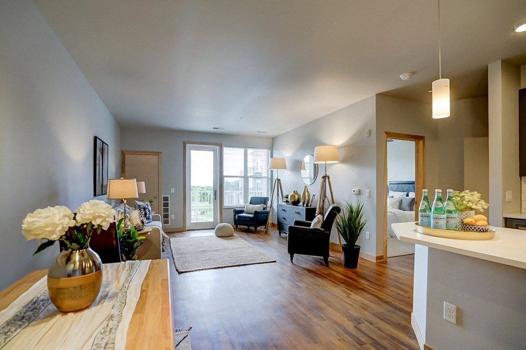 a living room with a couch and a table