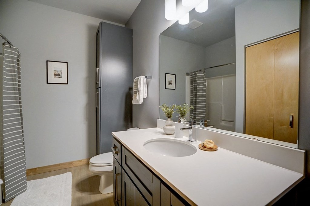 a bathroom with a sink and a shower and a toilet