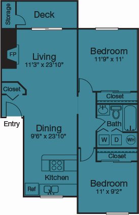 2 Bedroom 1 Bath Floor Plan 3