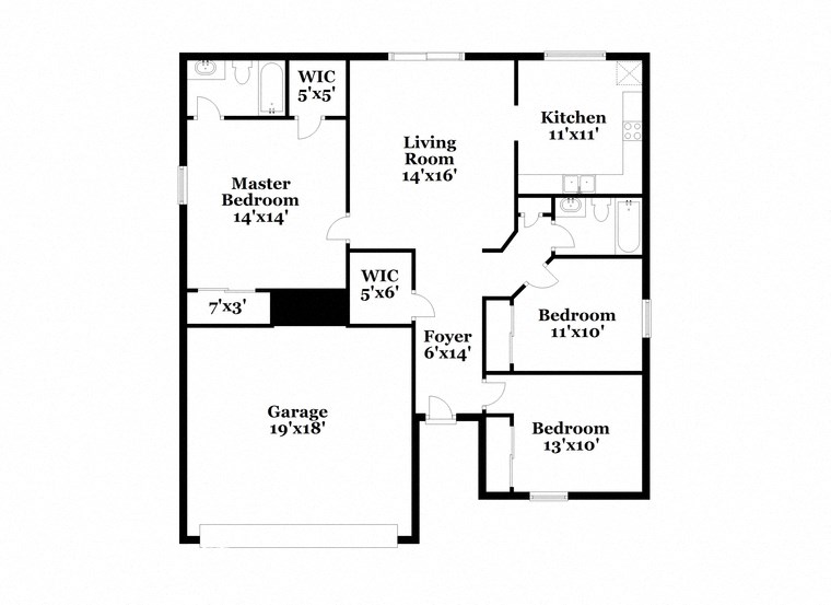 a floor plan of a house with an open floor plan with bedrooms and a kitchen