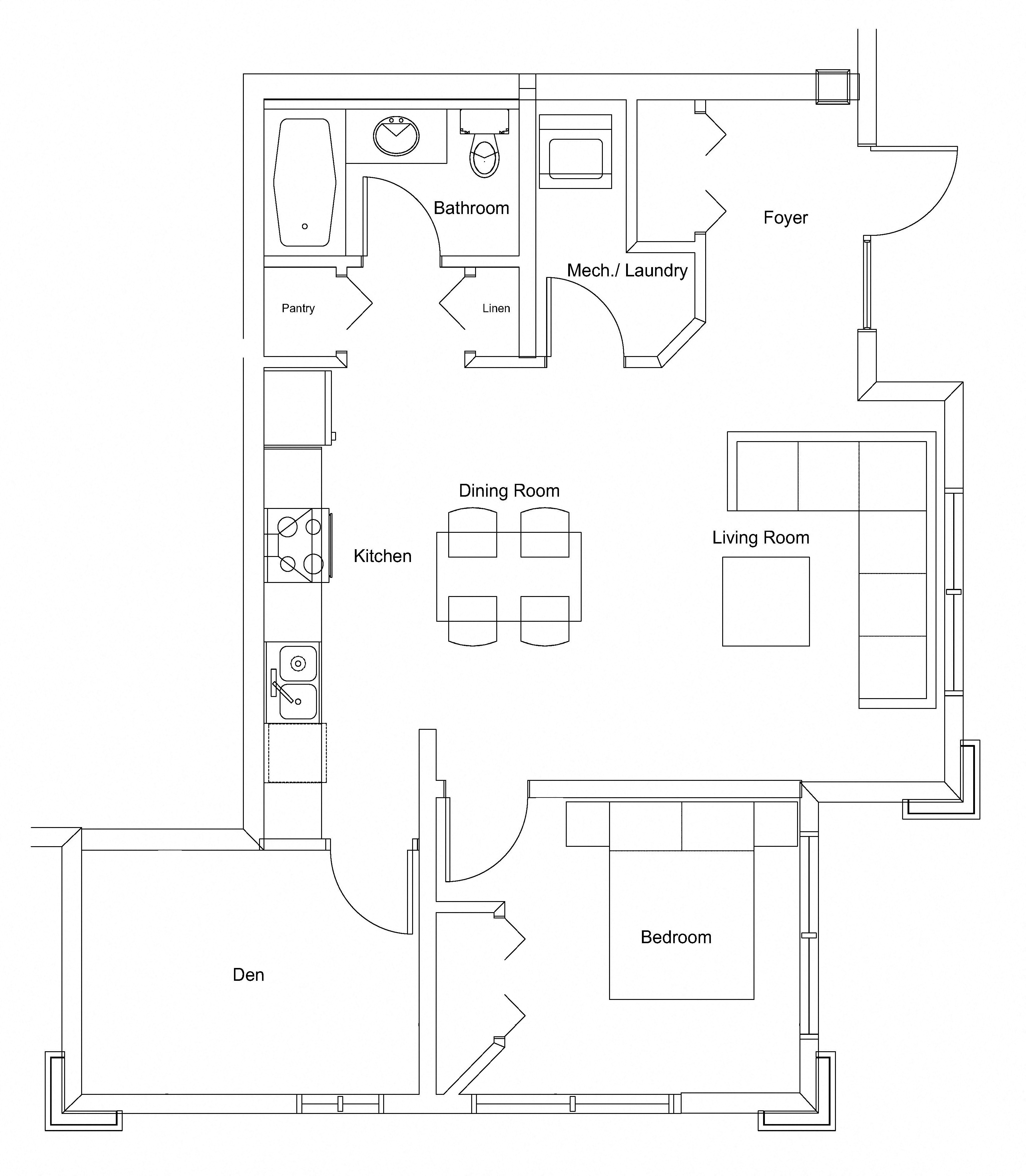 One bedroom plus den, one bathroom apartment layout at Summerhill Village in Nanaimo, BC