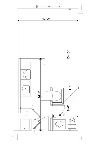 Studio apartment + 1 bathroom floor plan at Summerhill Village apartments in Nanaimo, BC