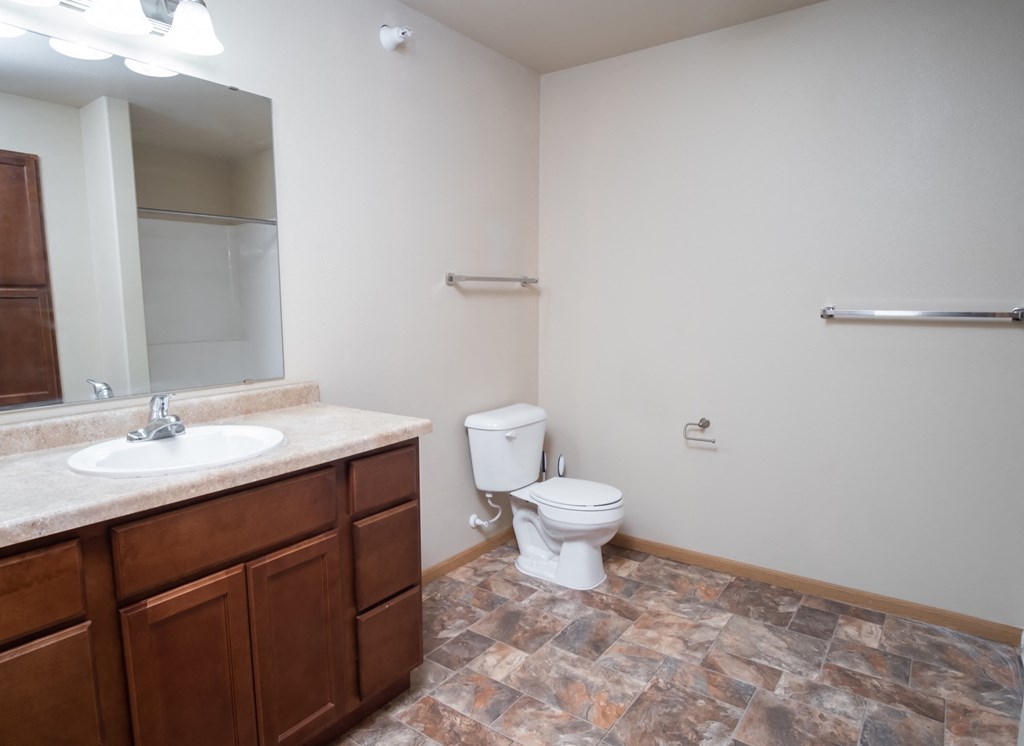 an empty bathroom with a toilet sink and mirror