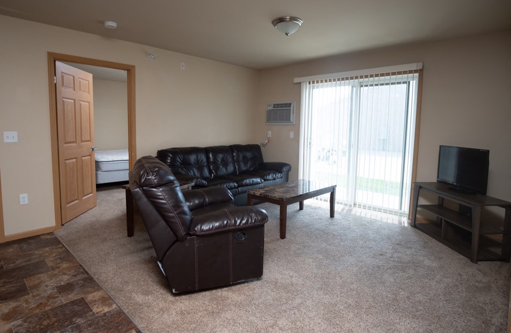 a living room with a leather couch and a tv