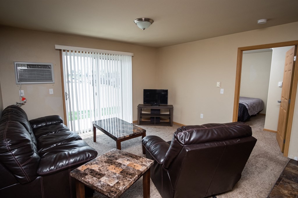a living room with leather furniture and a tv