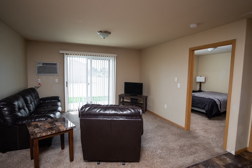 a living room with a leather couch and a tv