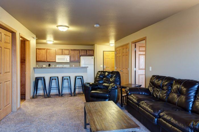 a living room with a leather couch and a kitchen