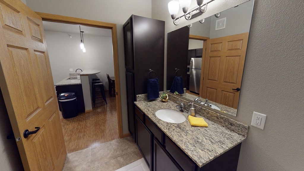 a bathroom with a sink and a mirror and a refrigerator