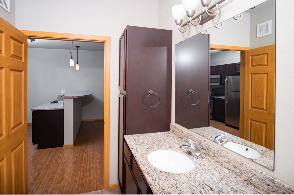 a bathroom with a sink and a shower and a mirror