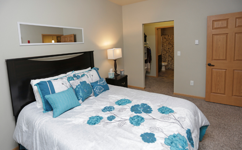 a bedroom with a large bed and a closet with a door