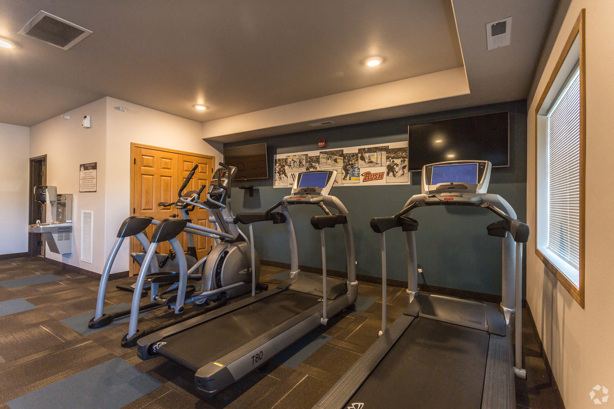 a gym with treadmills and weights in a home gym