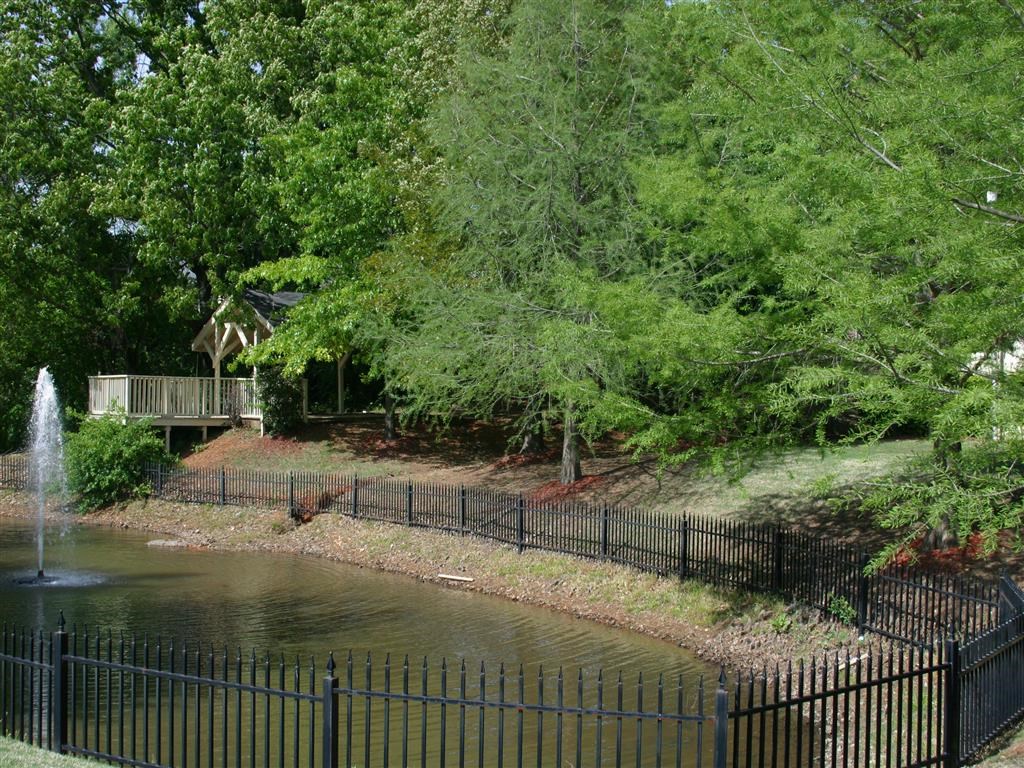 a pond in a park with a fence and a fountain