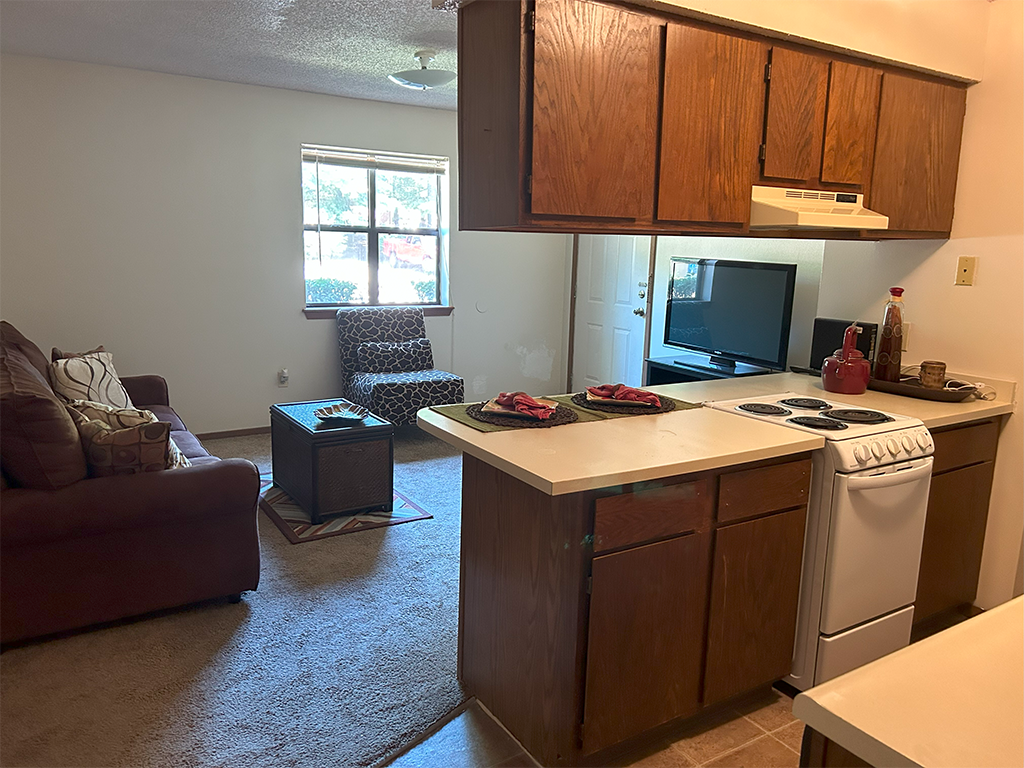 a kitchen and living room with a stove and a tv