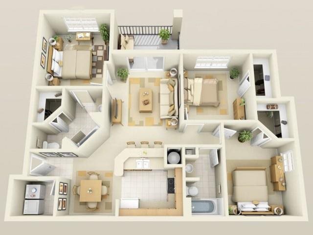 Three Bedroom Two Bath with Balcony Floor Plan Orlando Florida