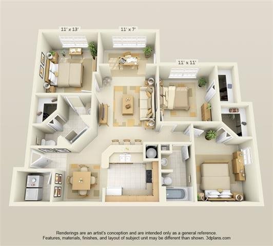 Three Bedroom Two Bath with Solarium Floor Plan Orlando Florida