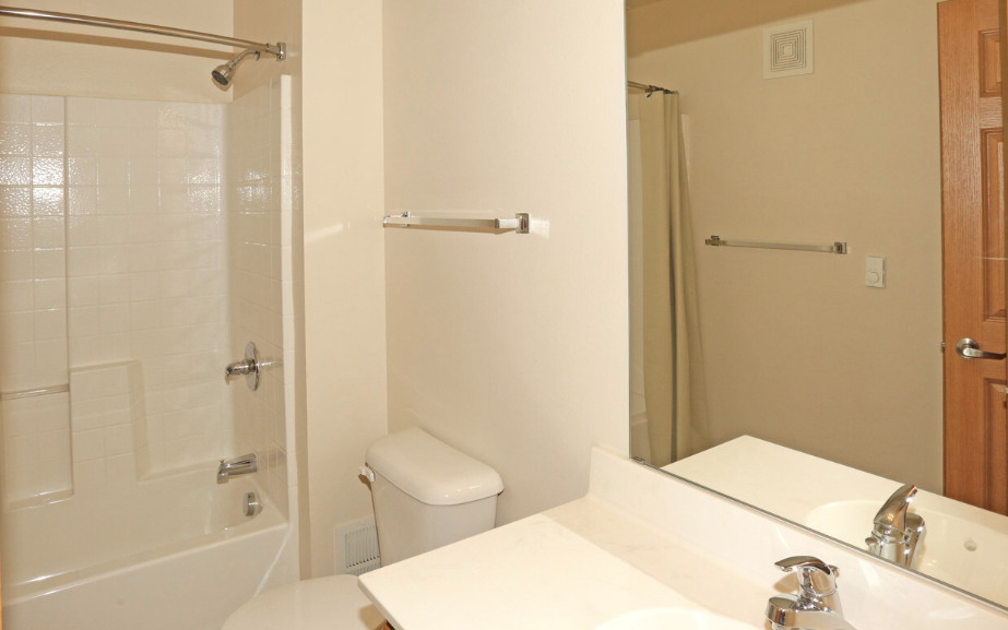 a bathroom with a shower and a sink and a mirror