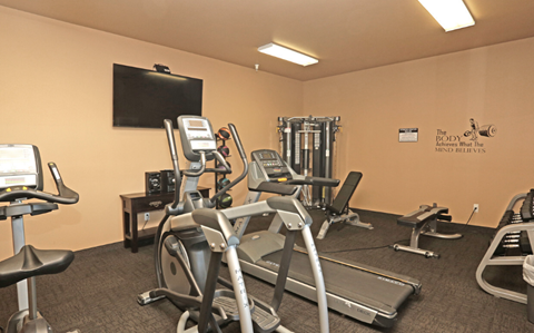 A gym with a variety of equipment including treadmills, stationary bikes, and weight machines.