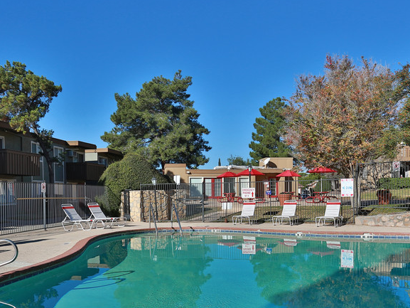 A swimming pool surrounded by trees and chairs.
