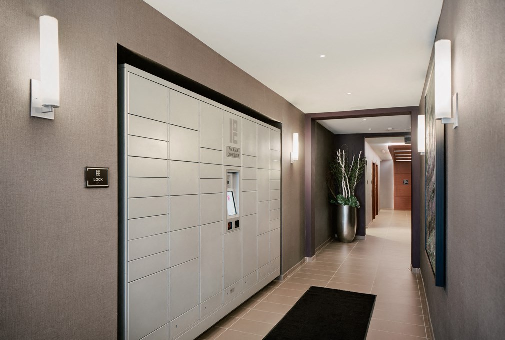 a large white door in a hallway with a rug and a plant