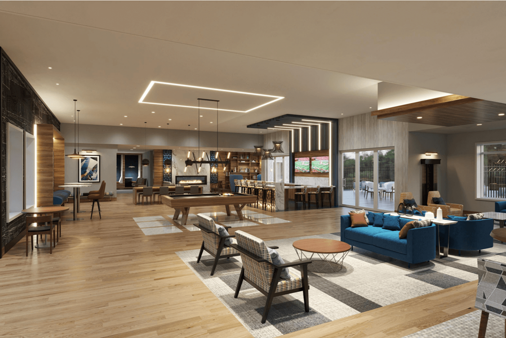 a rendering of a hotel lobby with couches and tables