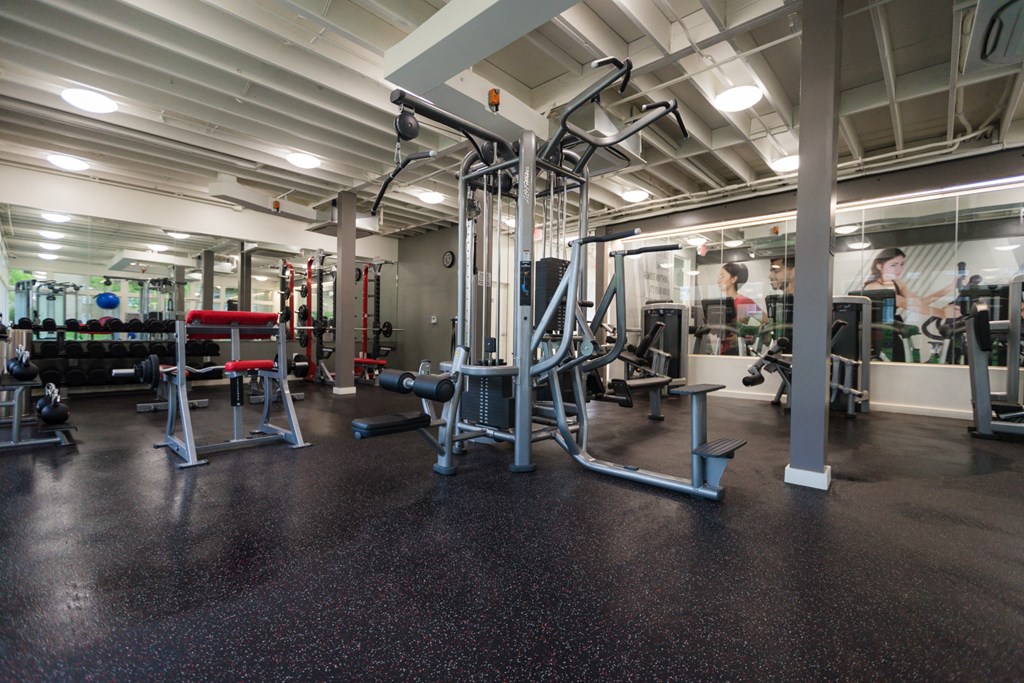 a fitness room with weights and other exercise equipment