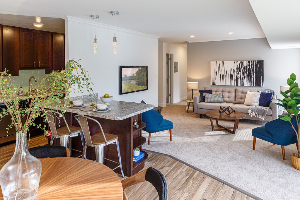 a living room with a kitchen and a dining room