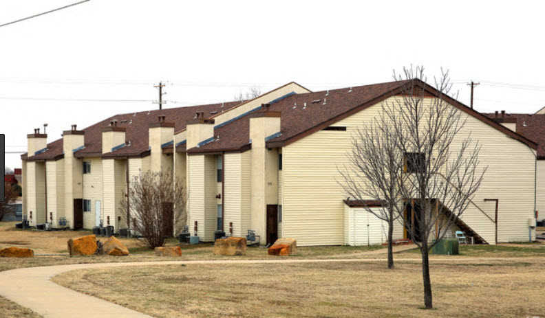 a group of houses with cows in front of them
