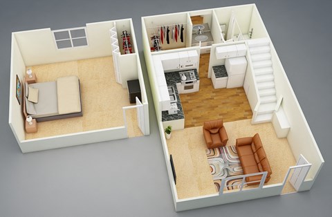 Loft One Bedroom with 424 sq ft of Living Space.