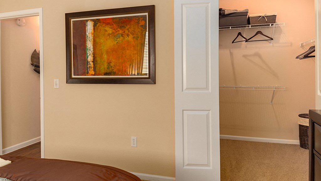 a bedroom with a closet and a painting on the wall