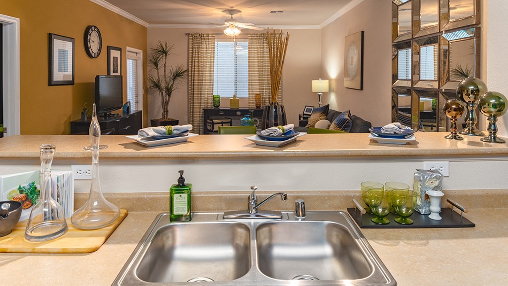 a kitchen with a sink and a counter top