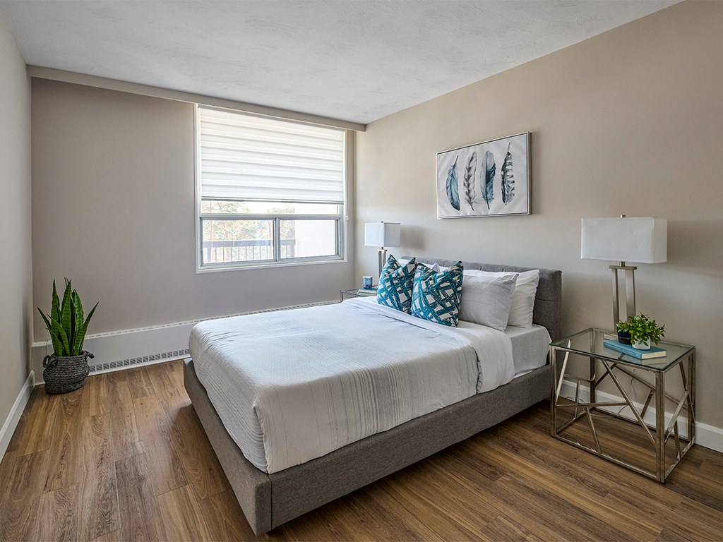 a bedroom with a large bed and a window