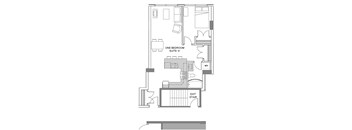 One bedroom, one bathroom apartment layout at 99 Jasper in Edmonton, AB