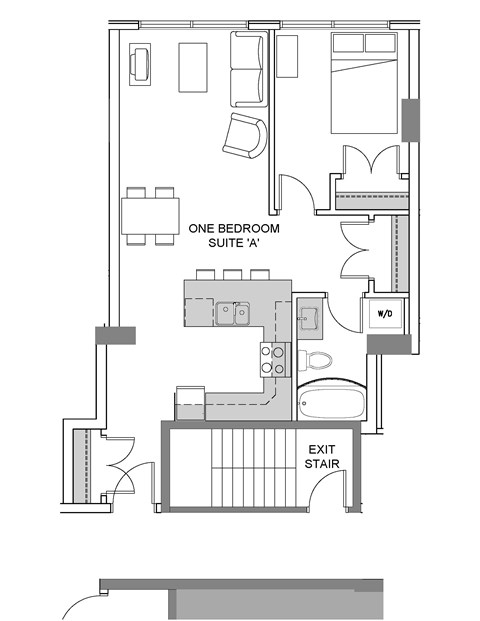 One bedroom, one bathroom apartment layout at 99 Jasper in Edmonton, AB