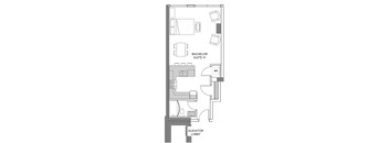 Bachelor, one bathroom apartment layout at 99 Jasper in Edmonton, AB