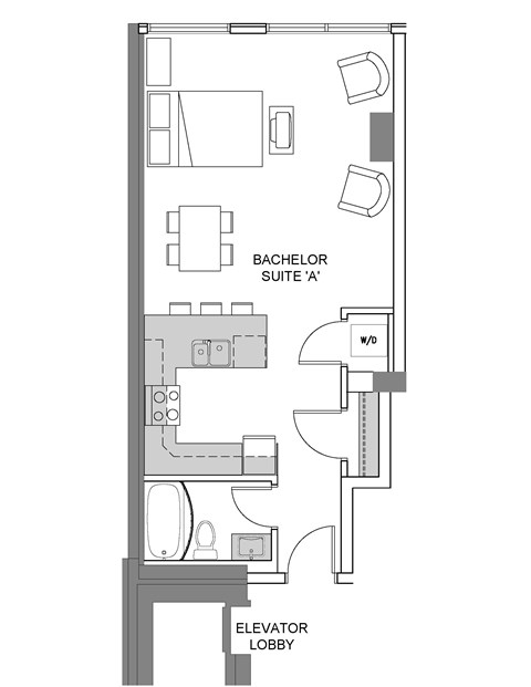 Bachelor, one bathroom apartment layout at 99 Jasper in Edmonton, AB