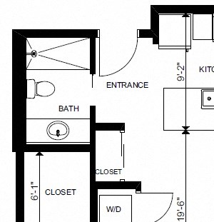 One bedroom, one bathroom apartment layout at Yello On Yates in Victoria, BC