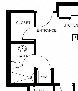 One bedroom, one bathroom apartment layout at Yello On Yates in Victoria, BC