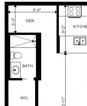 Two bedroom plus den, two bathroom apartment layout at Yello On Yates in Victoria, BC