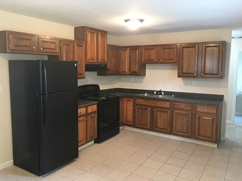 A black refrigerator in a kitchen with wooden cabinets.