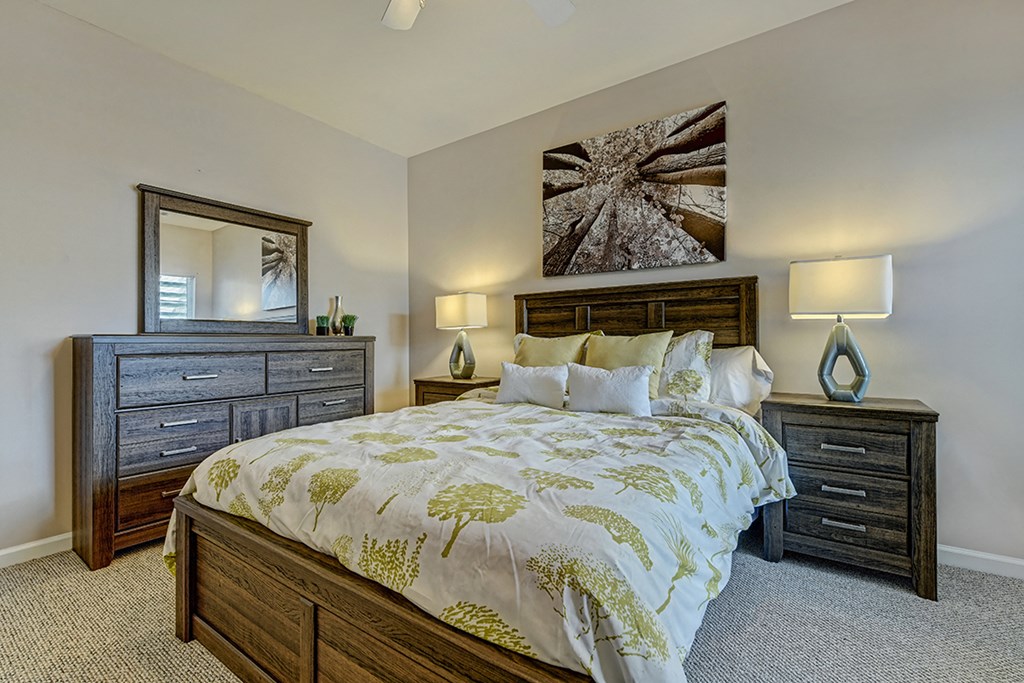 the master bedroom has a king sized bed and two dressers